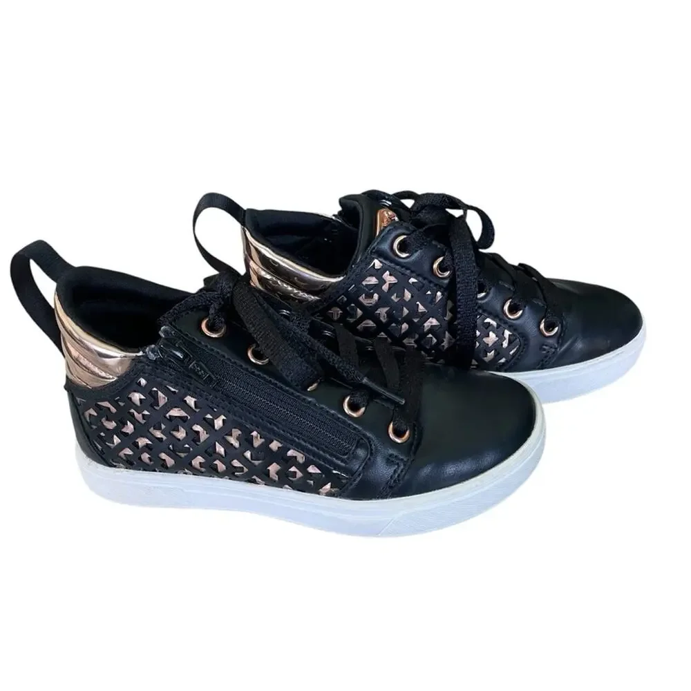 Skechers Faux Leather Geometric Design Side Zip High Top Sneakers Black Gold 13